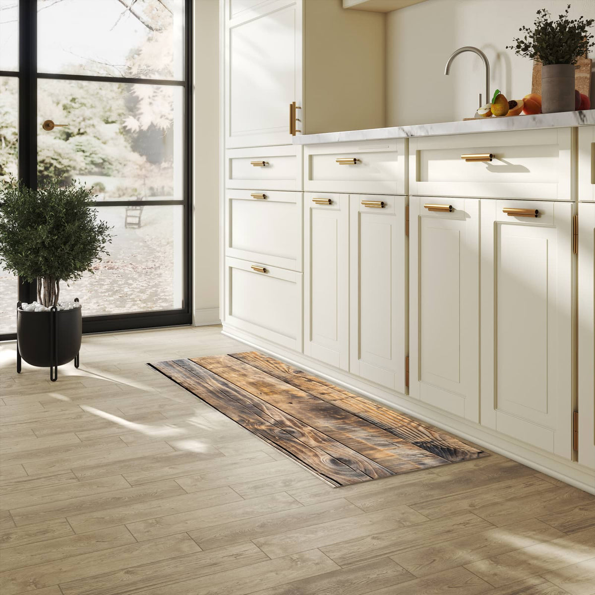 Rutschfester Küchenteppich mit Motiv Sanfte Holzmaserung in heller Küche