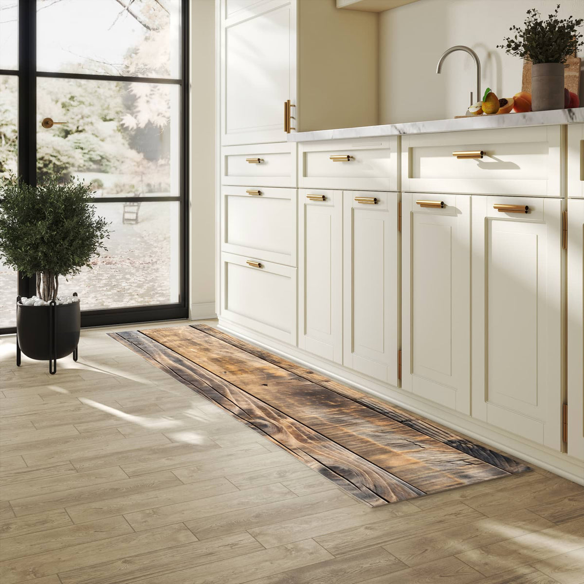 Waschbarer Küchenteppich mit Motiv Sanfte Holzmaserung in heller Küche schont den Boden