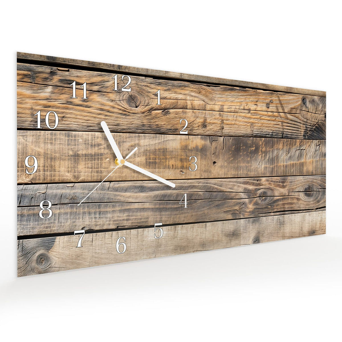 Vormontiert – mit Schwebeeffekt – Wanduhr Sanfte Holzmaserung aus Glas – Querformat 60 × 30 cm