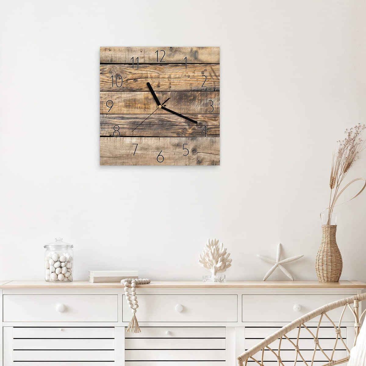 Wanduhr Helle Holzbohlen aus Glas – Quadratisch 30 × 30 cm – Horizontale Bohlen von Beige bis Braun