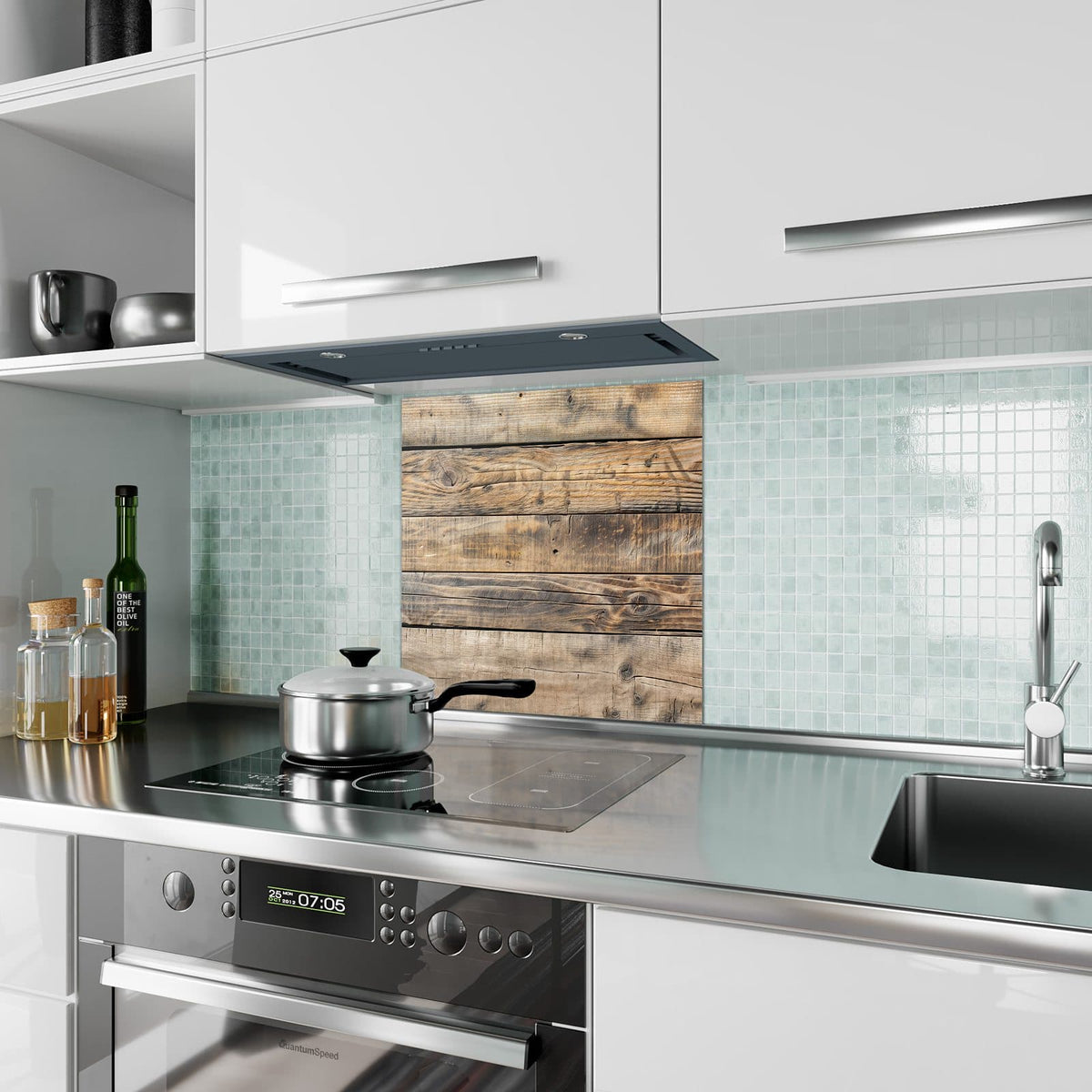 Küchenrückwand Helle Holzbohlen aus Glas – Horizontale Bohlen von Beige bis Braun