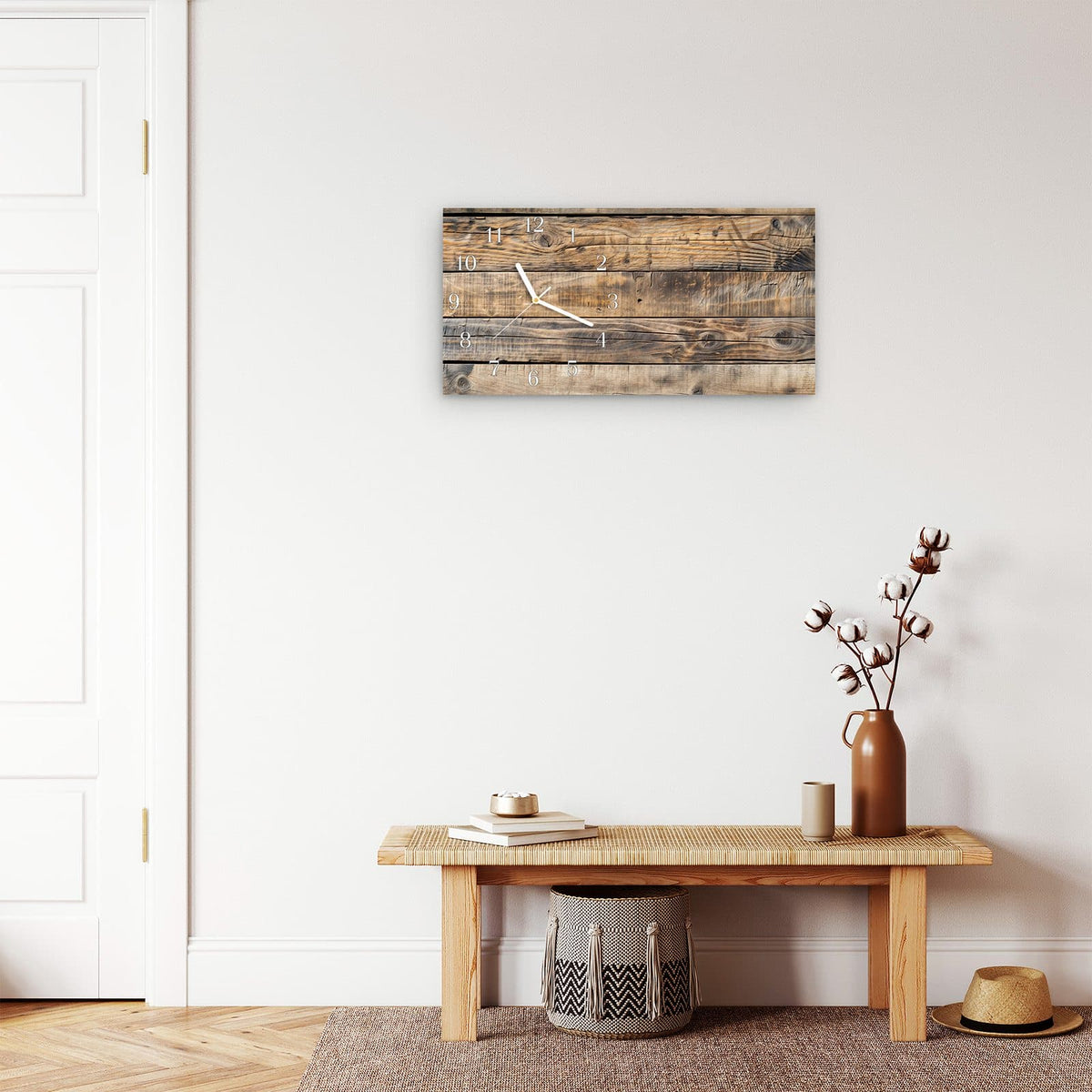 Moderne Wanduhr aus Glas mit Farbtiefe – Wanduhr Sanfte Holzmaserung aus Glas – Querformat 60 × 30 cm
