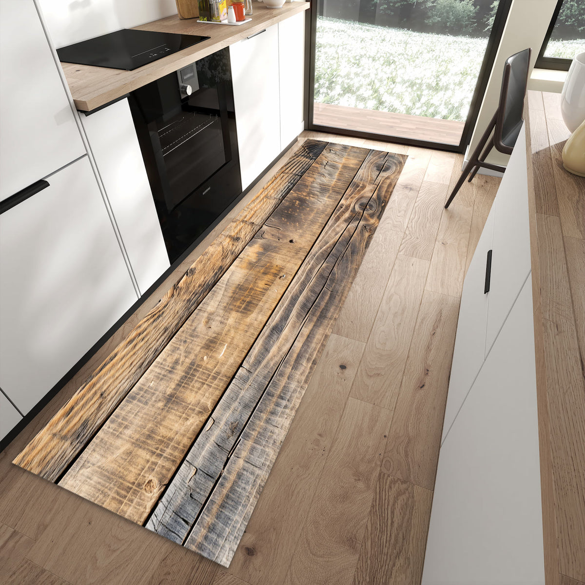 Rutschfester waschbarer Küchenteppich mit Motiv Sanfte Holzmaserung in moderner Küche