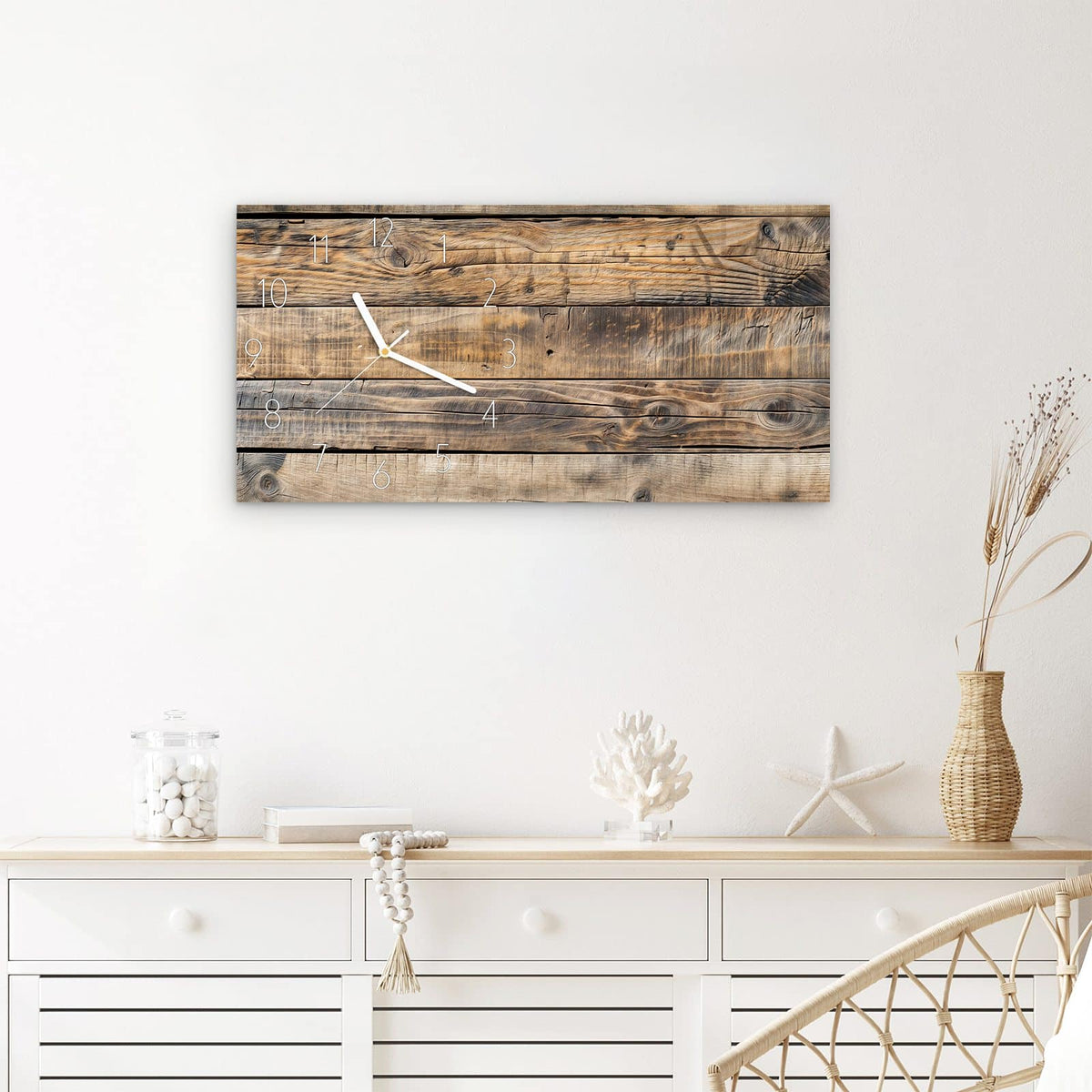 Wanduhr Sanfte Holzmaserung aus Glas – Querformat 60 × 30 cm – Horizontale Bohlen von Beige bis Braun