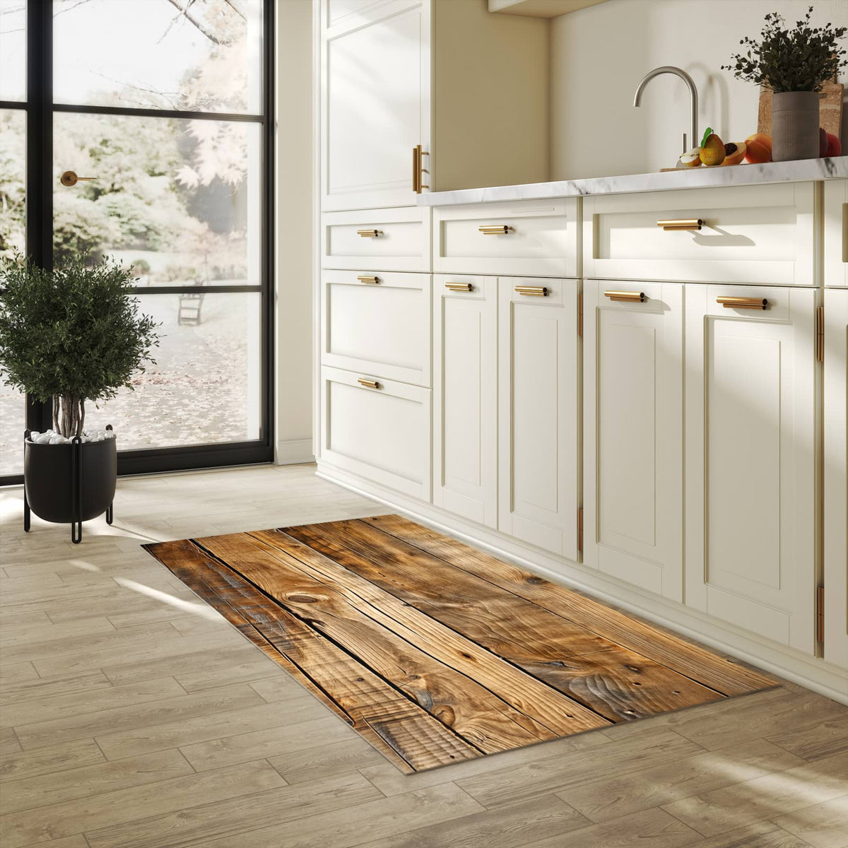 Hygienischer Bodenläufer Teppich mit Motiv Holzdielenmaserung in heller Küche