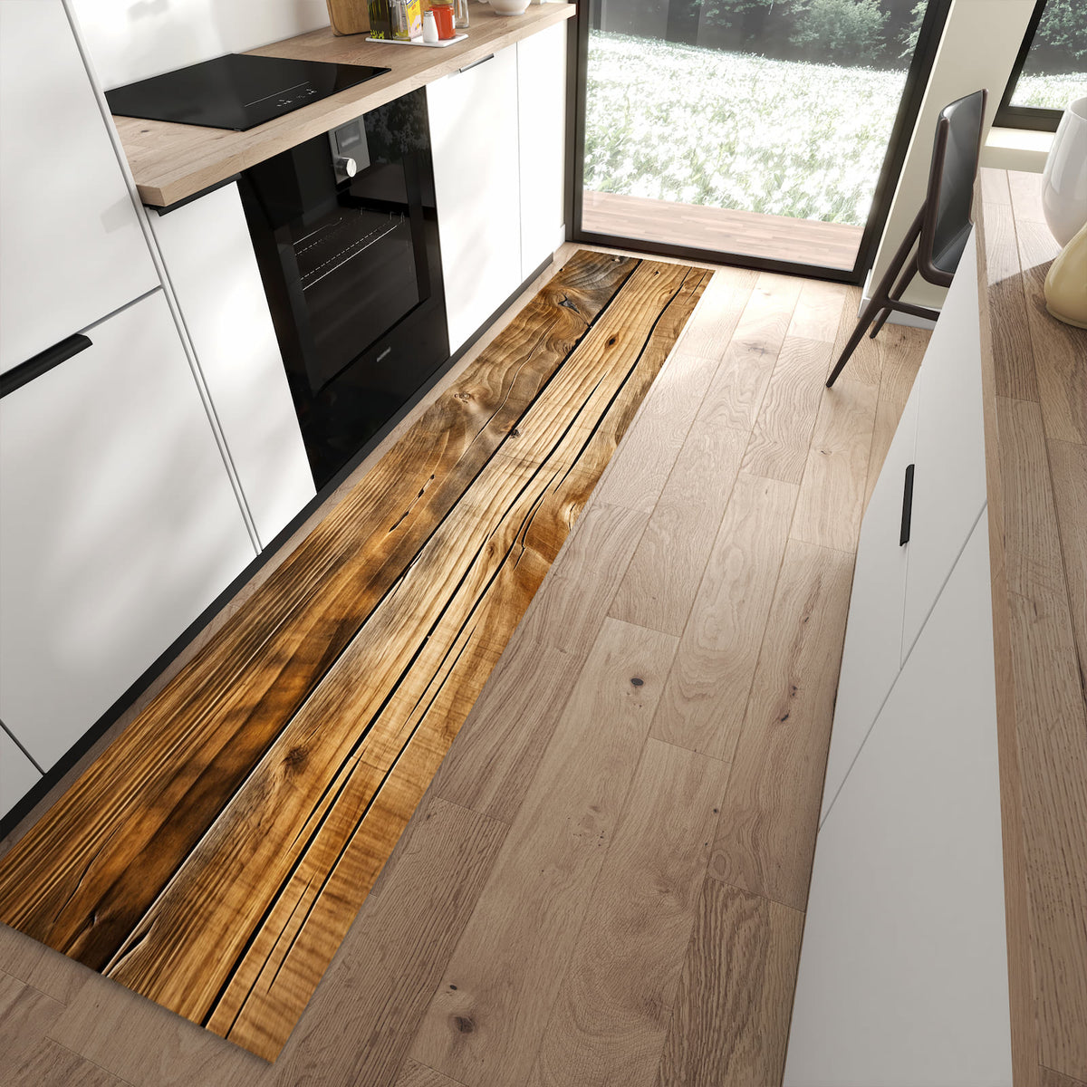 Bodenschonender langer Teppich mit Motiv Holzdielenmaserung in moderner Küche
