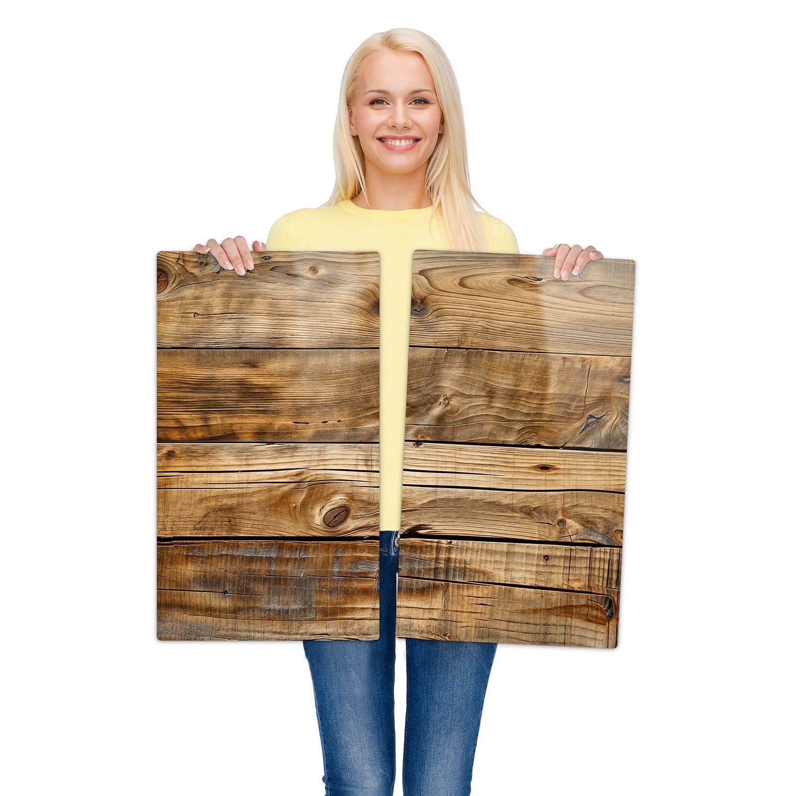 2-teilige Abdeckplatte für Ceranfeld mit Holzdielenmaserung-Motiv wird zur Größendarstellung gehalten