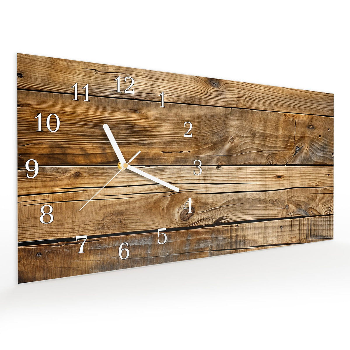 Vormontiert – mit Schwebeeffekt – Wanduhr Holzdielenmaserung aus Glas – Querformat 60 × 30 cm