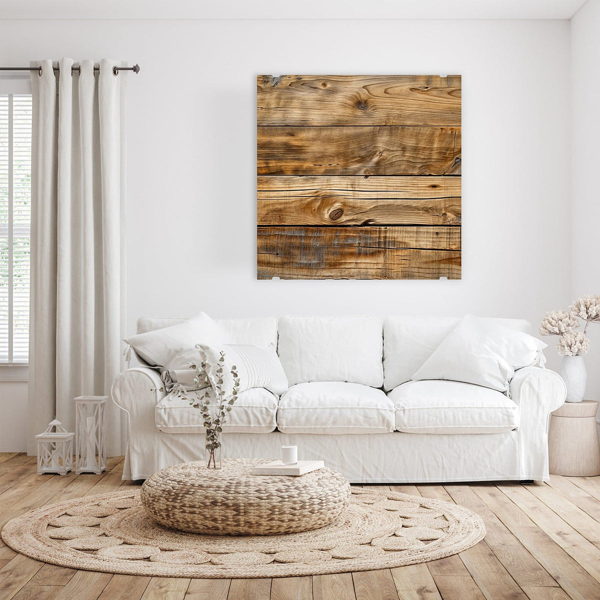 Glasbild Goldbraune Maserung an der Wand – Vier horizontale, goldbraune Bretter mit lebhafter Maserung und Astlöchern