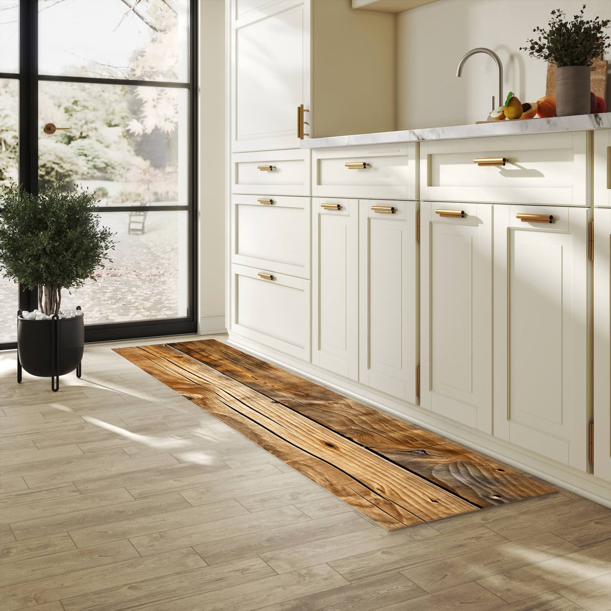 Langlebiger dünner Küchenteppich mit Motiv Holzdielenmaserung in heller Küche