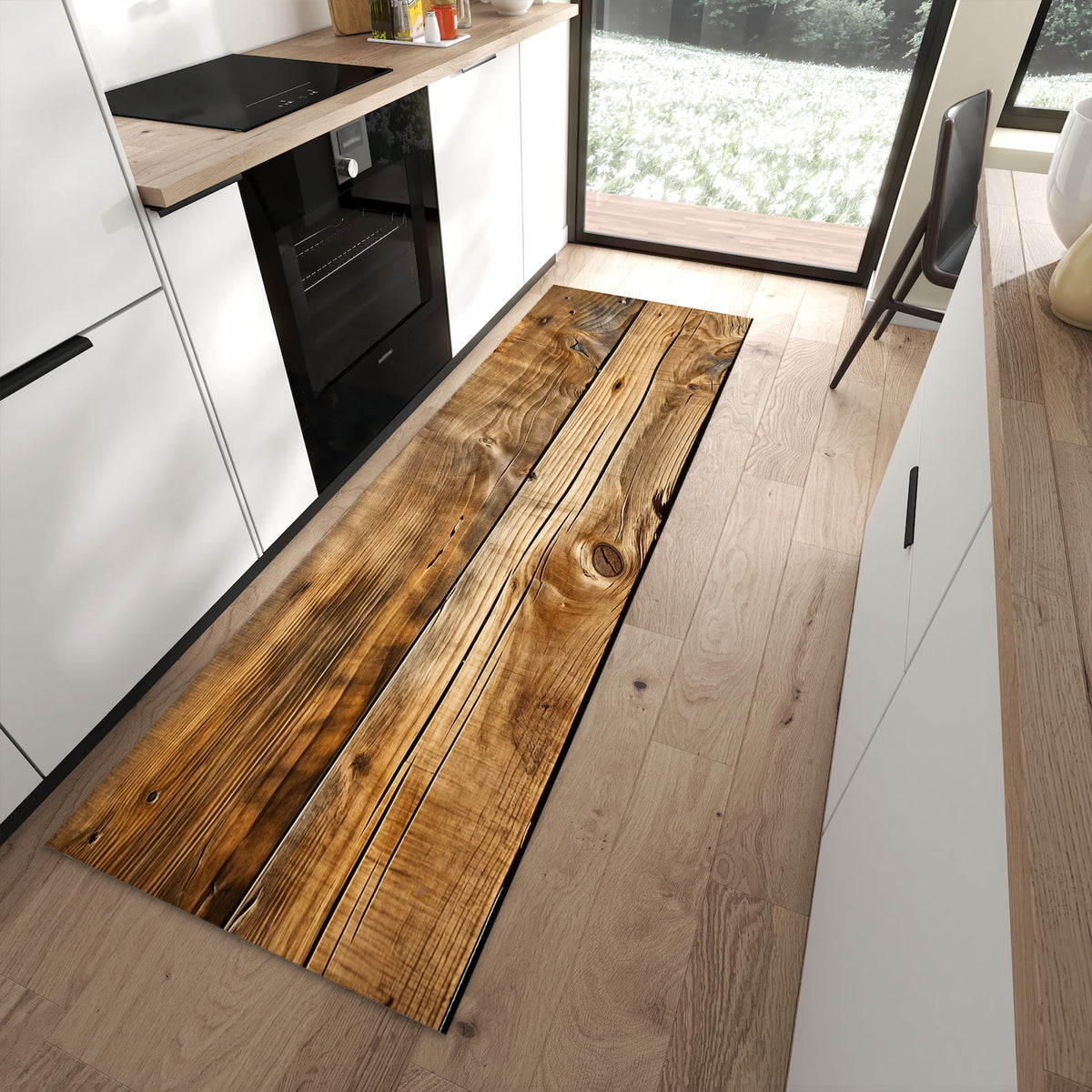 Dünner Küchenteppich mit Motiv Holzdielenmaserung in moderner Küche für sicheres Aufbewahren
