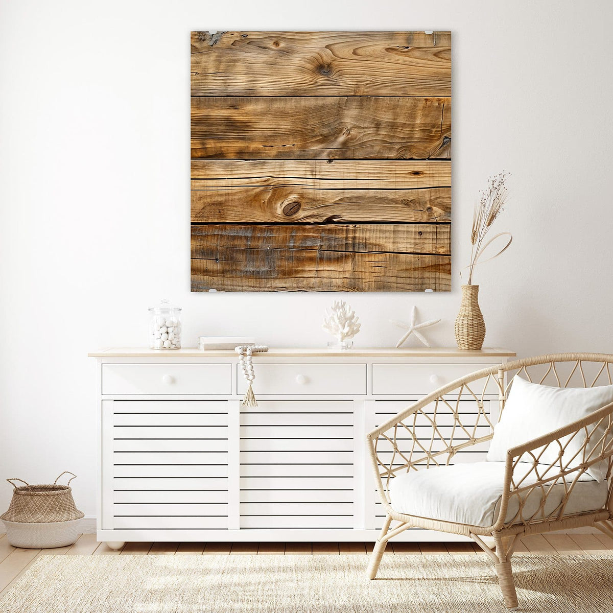 Glasbild Goldbraune Maserung an der Wand – Vier horizontale, goldbraune Bretter mit lebhafter Maserung und Astlöchern