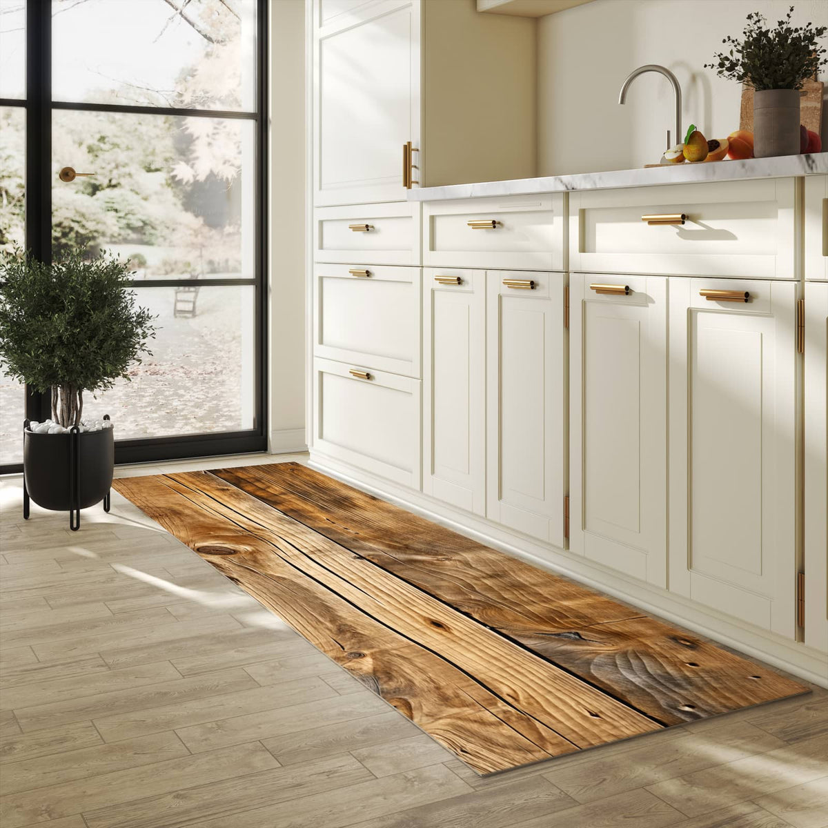 Pflegeleichter rutschfester Küchenteppich mit Motiv Holzdielenmaserung in heller Küche
