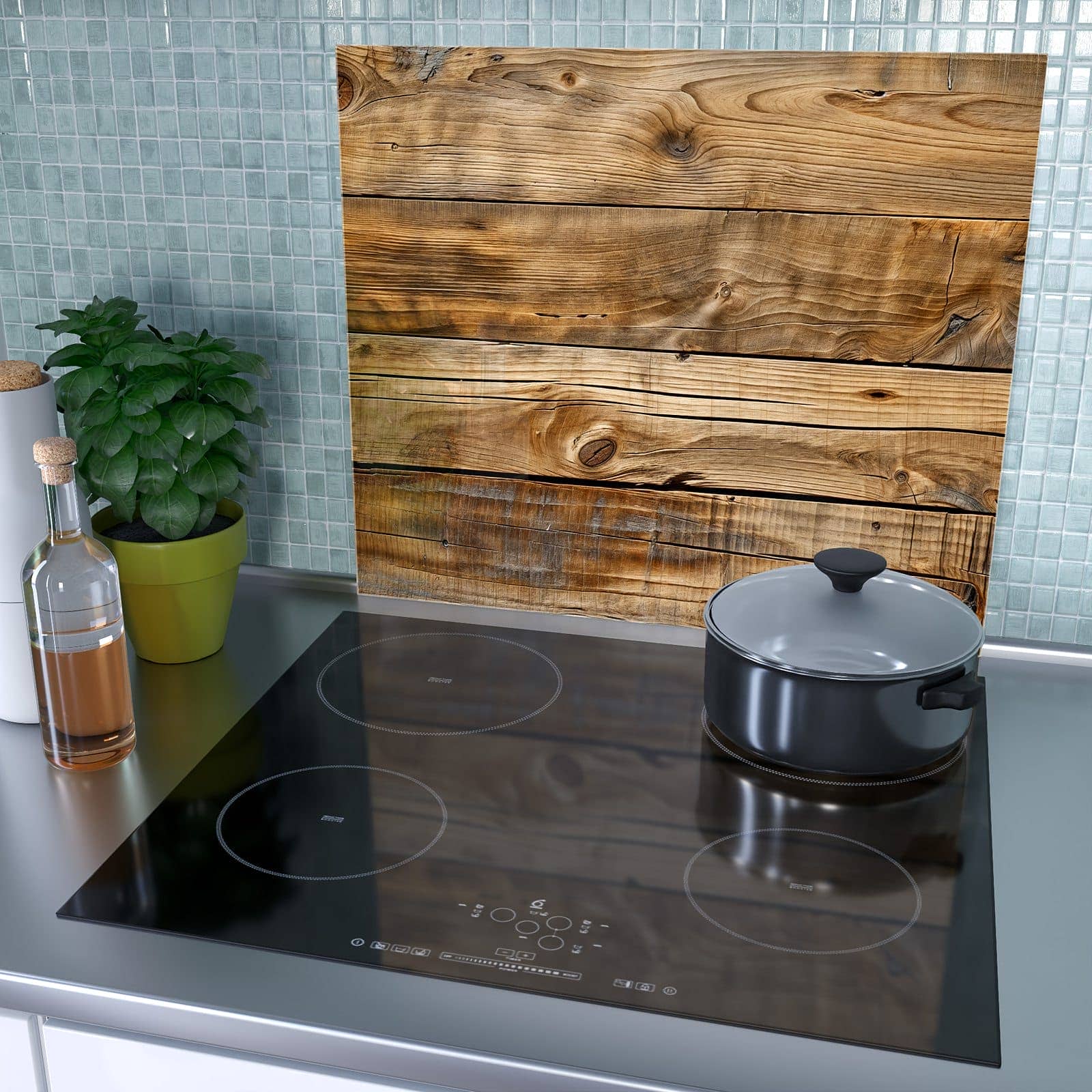 1-teilige Ceranfeldabdeckung mit Holzdielenmaserung-Motiv als Spritzschutz hinter dem Kochfeld