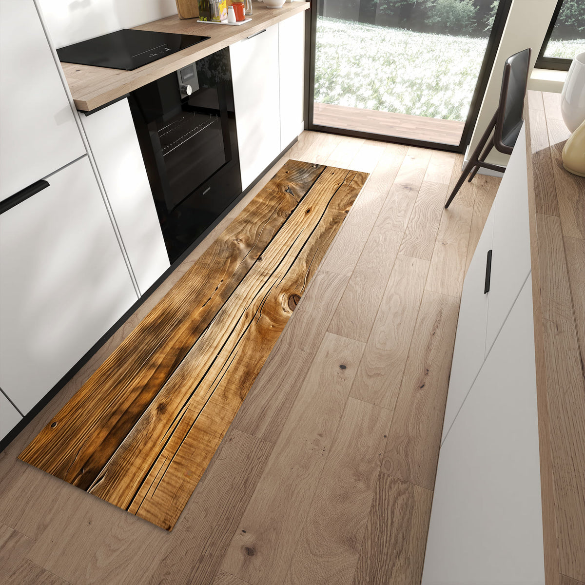 Bodenschonender waschbarer Läufer für die Küche mit Motiv Holzdielenmaserung in moderner Küche