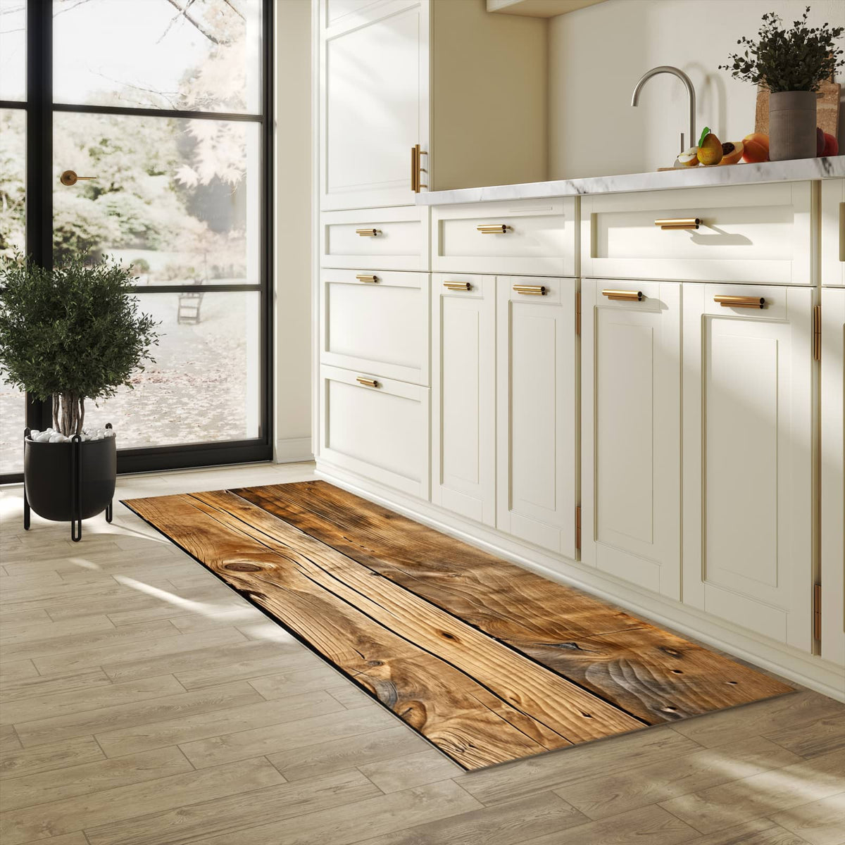 Rutschfester Teppich für Esstisch mit Motiv Holzdielenmaserung in heller Küche