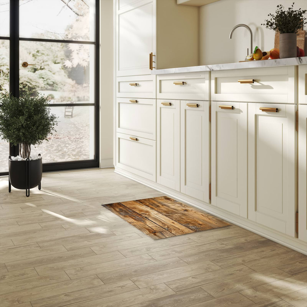 Pflegeleichter dünner Küchenteppich mit Motiv Holzdielenmaserung in heller Küche