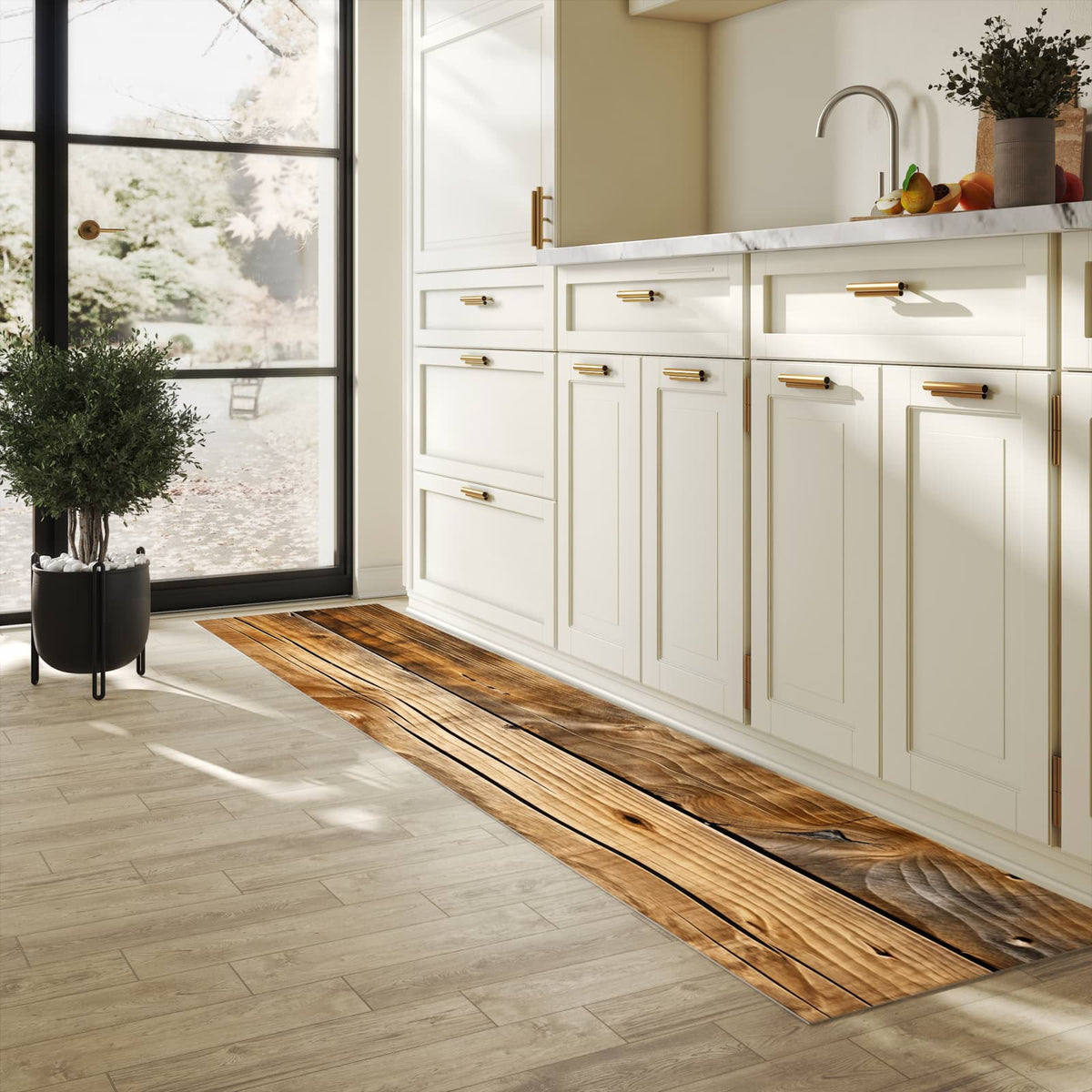 Flacher rutschfester Küchenteppich mit Motiv Holzdielenmaserung in heller Küche
