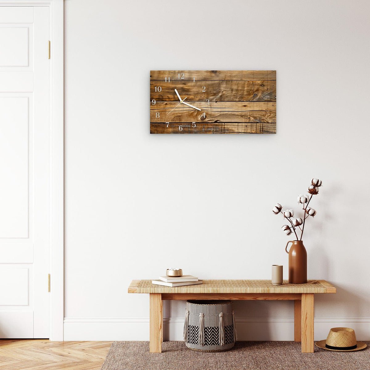 Moderne Wanduhr aus Glas mit Farbtiefe – Wanduhr Holzdielenmaserung aus Glas – Querformat 60 × 30 cm