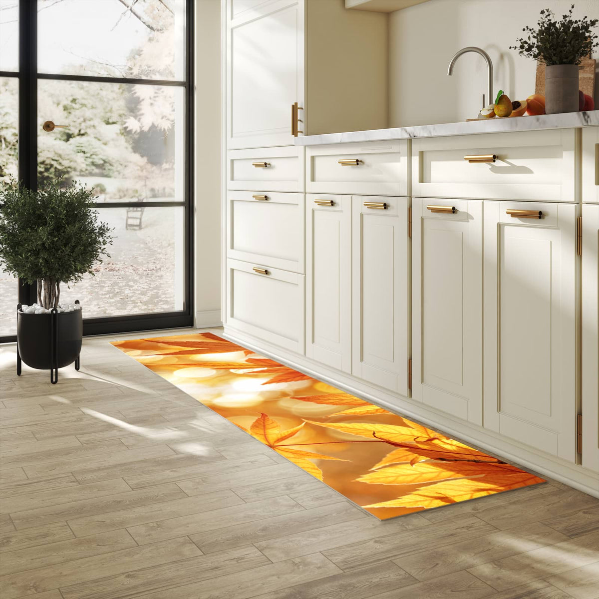 Bodenschonender Läufer für die Küche mit Motiv Herbstlich Glitzernd in heller Küche