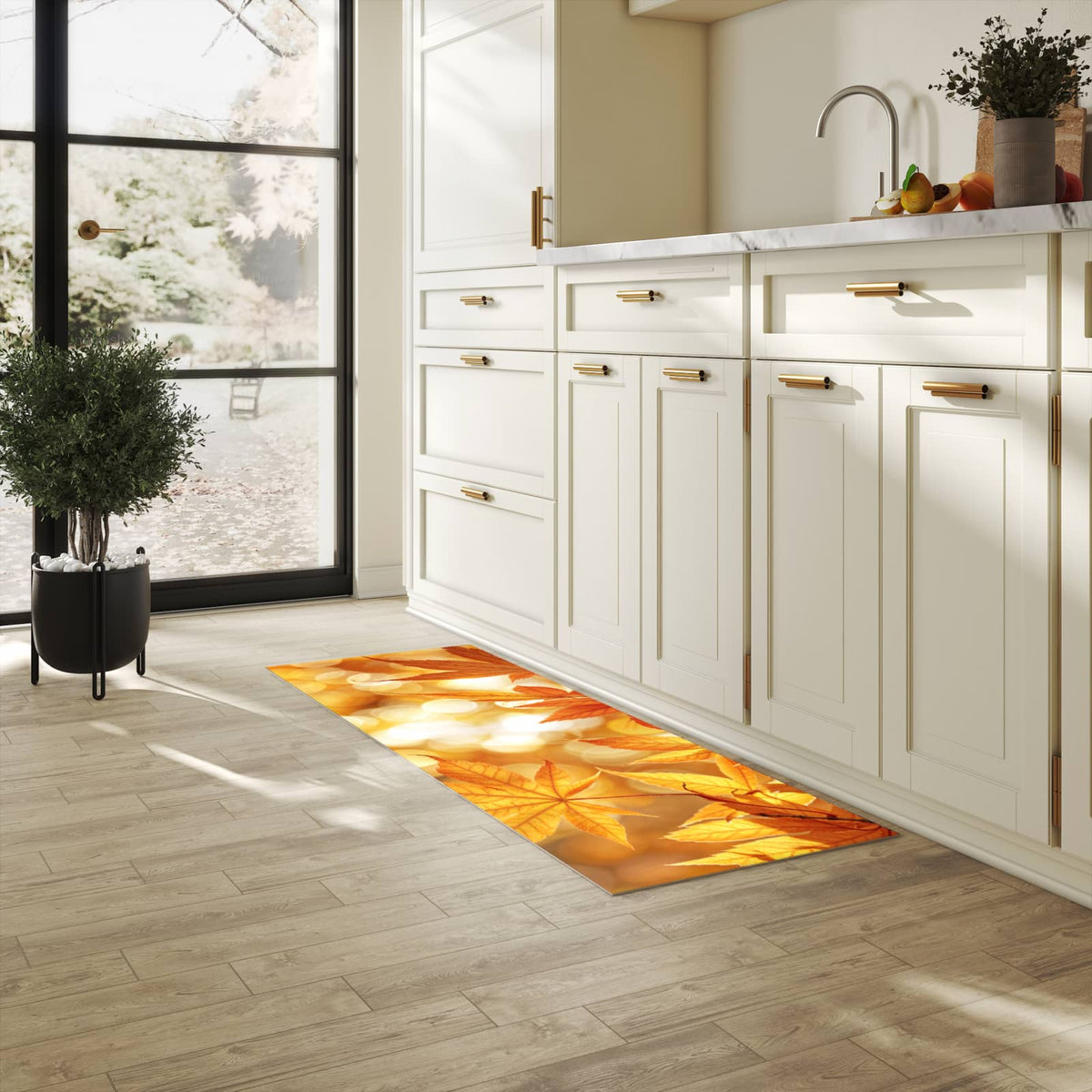 Bodenschonender Küchenteppich mit Motiv Herbstlich Glitzernd in heller Küche