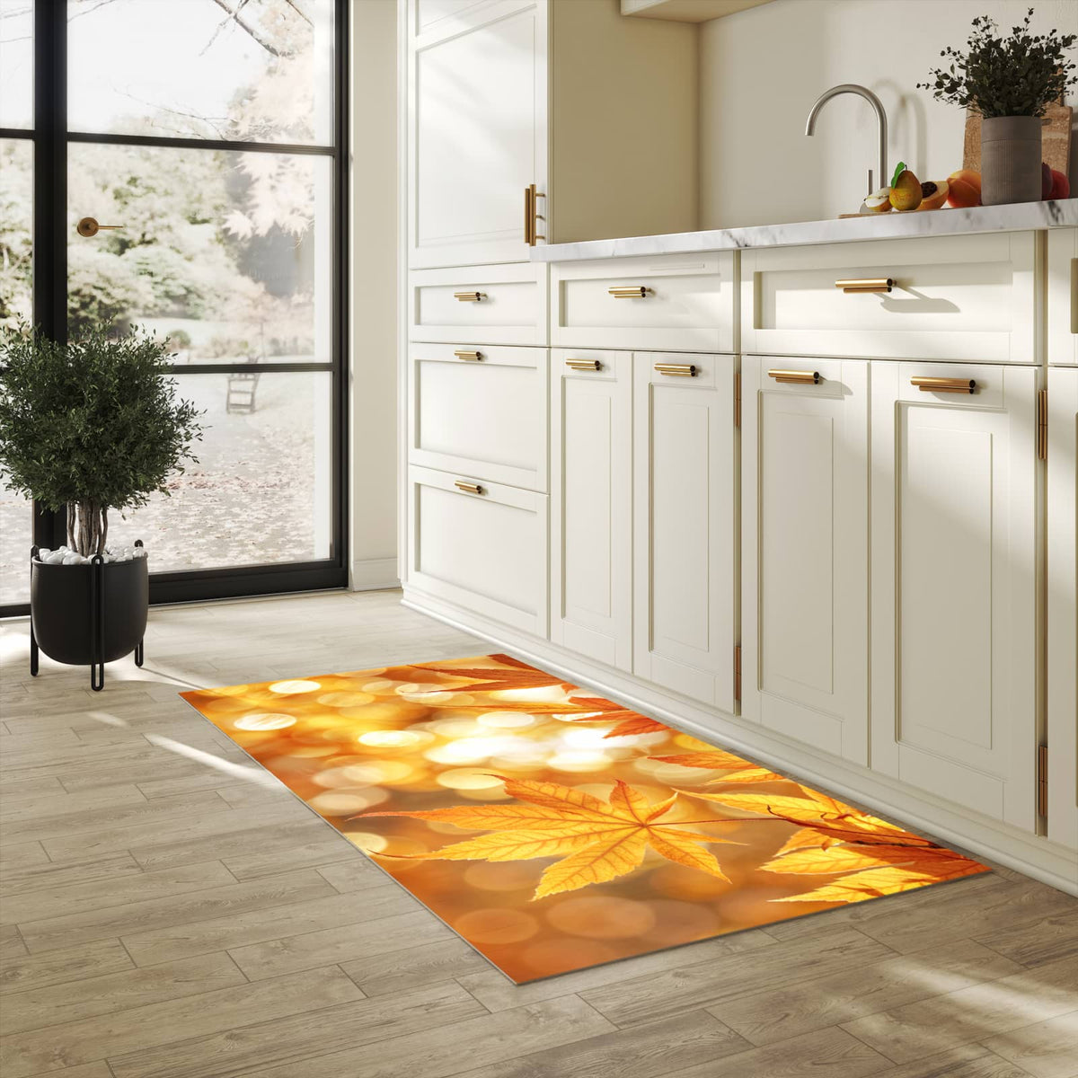 UV-beständiger Teppichläufer mit Motiv Herbstlich Glitzernd in heller Küche
