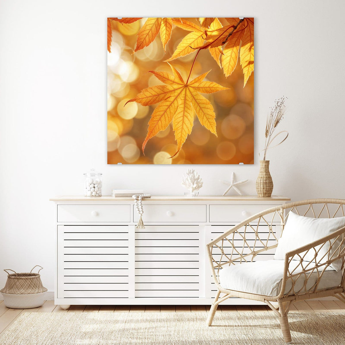 Echtglas, 4 mm – kein Acryl, keine Folie – Wandbild - Ahorn im Gegenlicht - Quadratisch