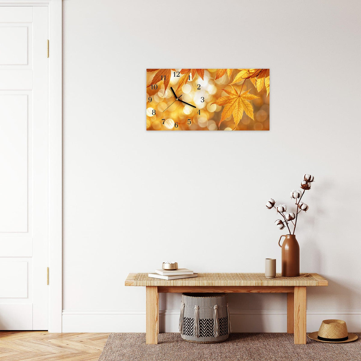 Moderne Wanduhr aus Glas mit Farbtiefe – Wanduhr Herbstlich Glitzernd aus Glas – Querformat 60 × 30 cm