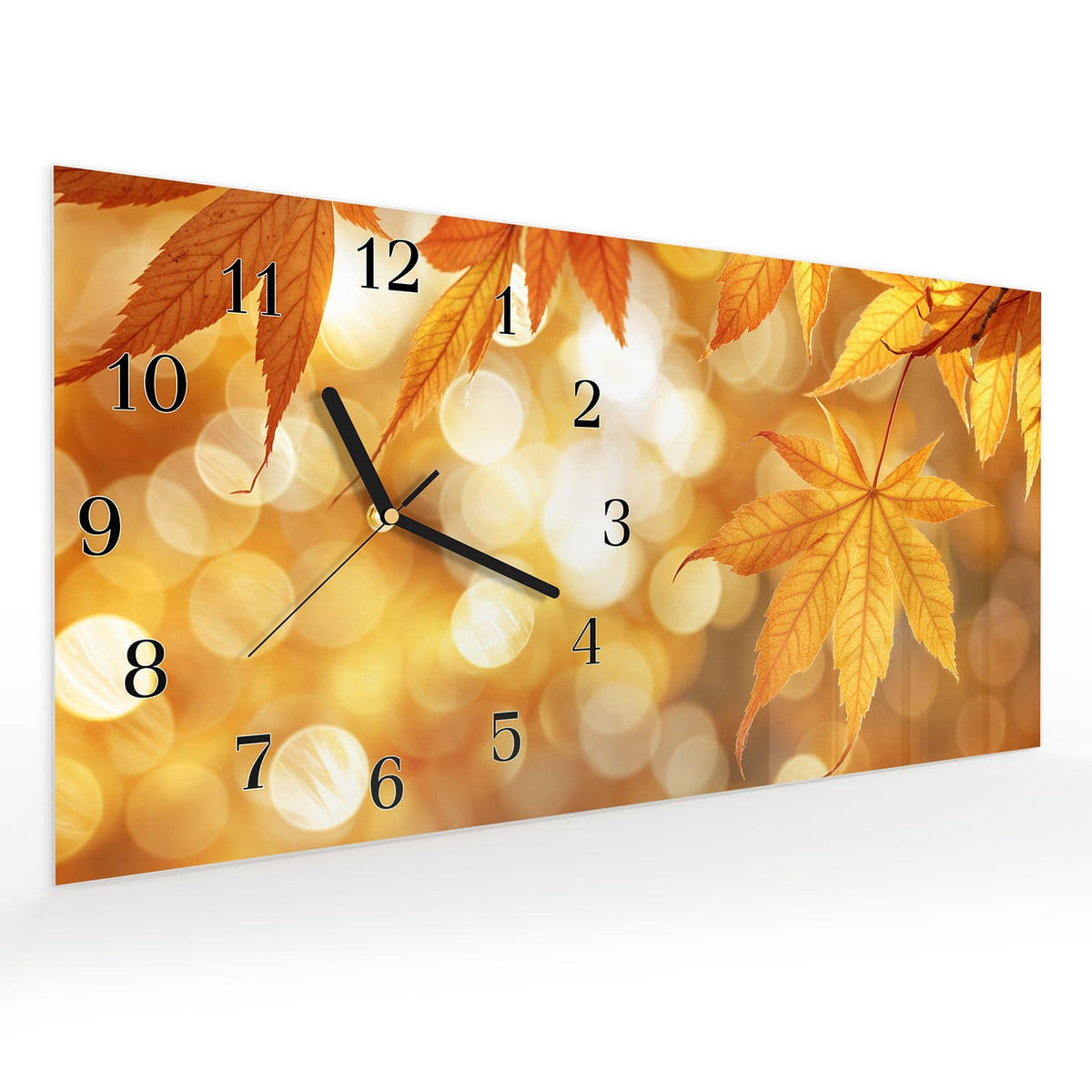 Vormontiert – mit Schwebeeffekt – Wanduhr Herbstlich Glitzernd aus Glas – Querformat 60 × 30 cm