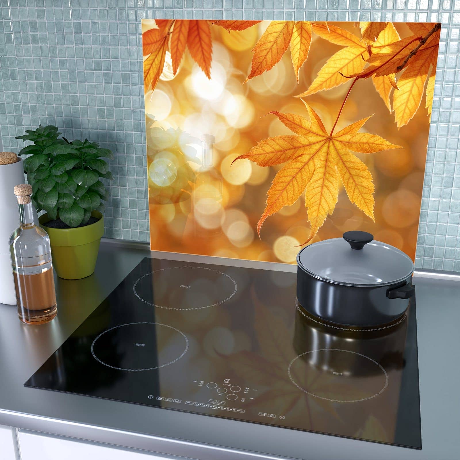 1-teilige Herdabdeckplatte mit Herbstlich Glitzernd-Motiv als Spritzschutz hinter dem Kochfeld