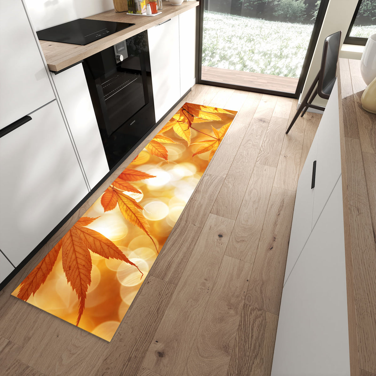 Langlebiger Küchenteppich mit Motiv Herbstlich Glitzernd in moderner Küche