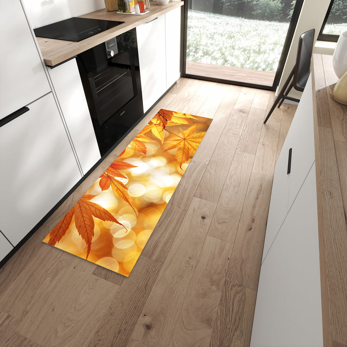 Geruchsneutraler Küchenteppich mit Motiv Herbstlich Glitzernd in moderner Küche