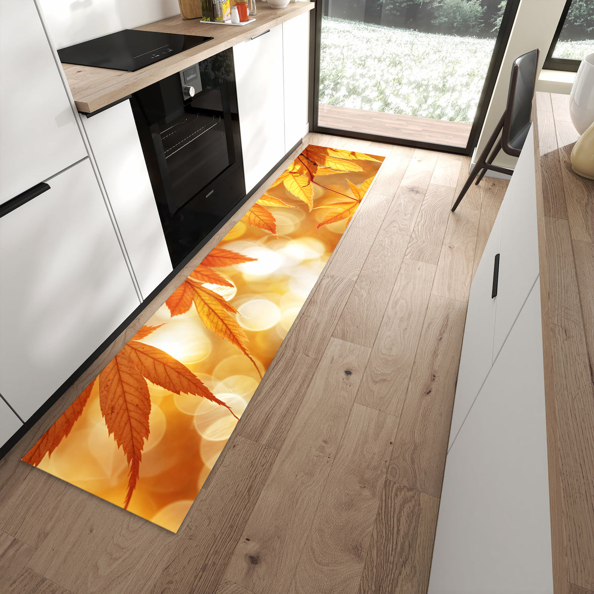 Flacher Küchenteppich mit Motiv Herbstlich Glitzernd in moderner Küche
