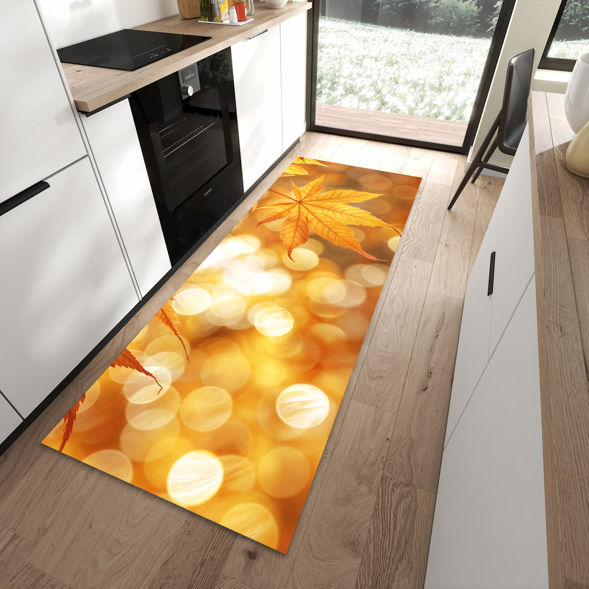 Waschbarer Küchenteppich mit Motiv Herbstlich Glitzernd in moderner Küche