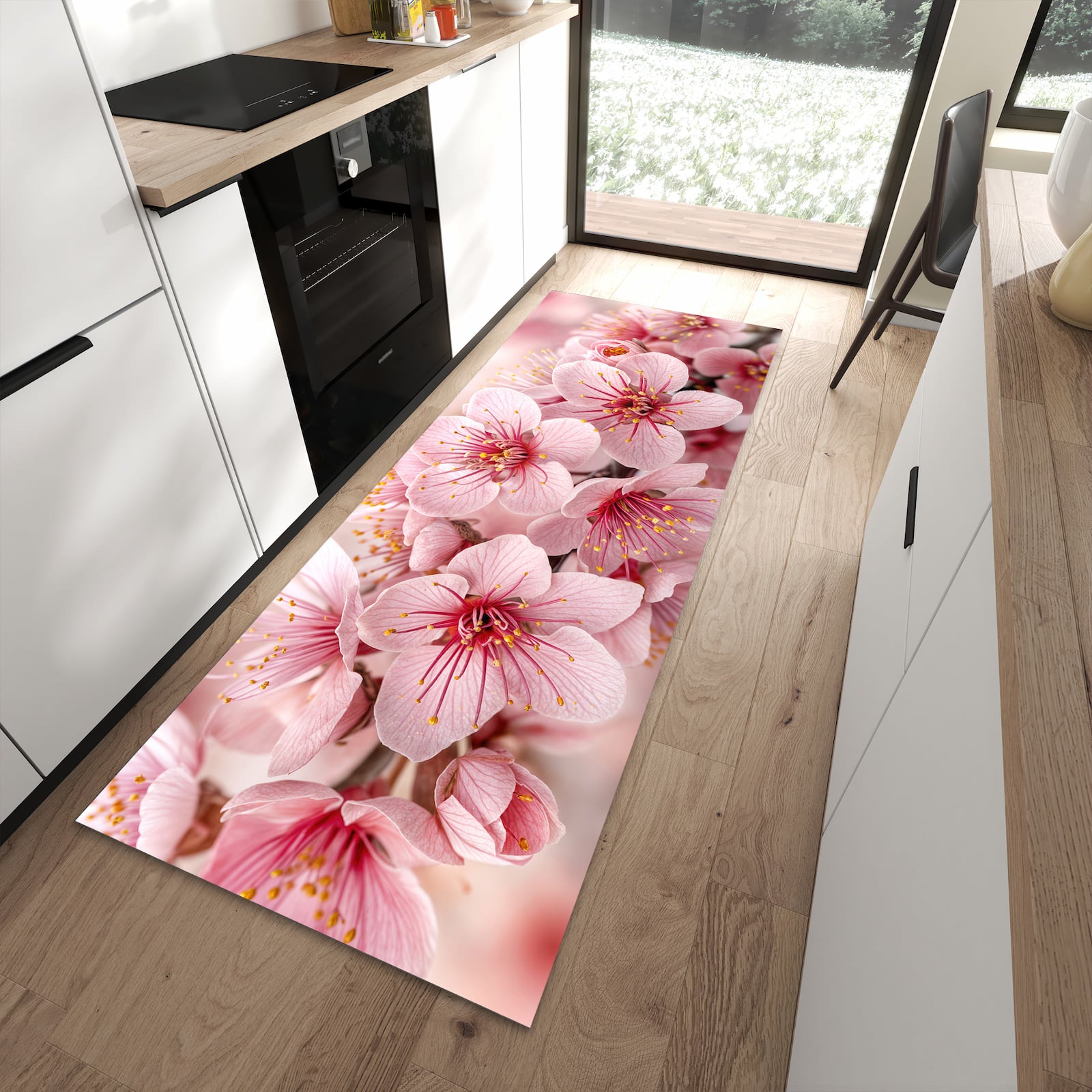 Wasserabweisender Küchenteppich mit Motiv Kirschblütenzweig in moderner Küche