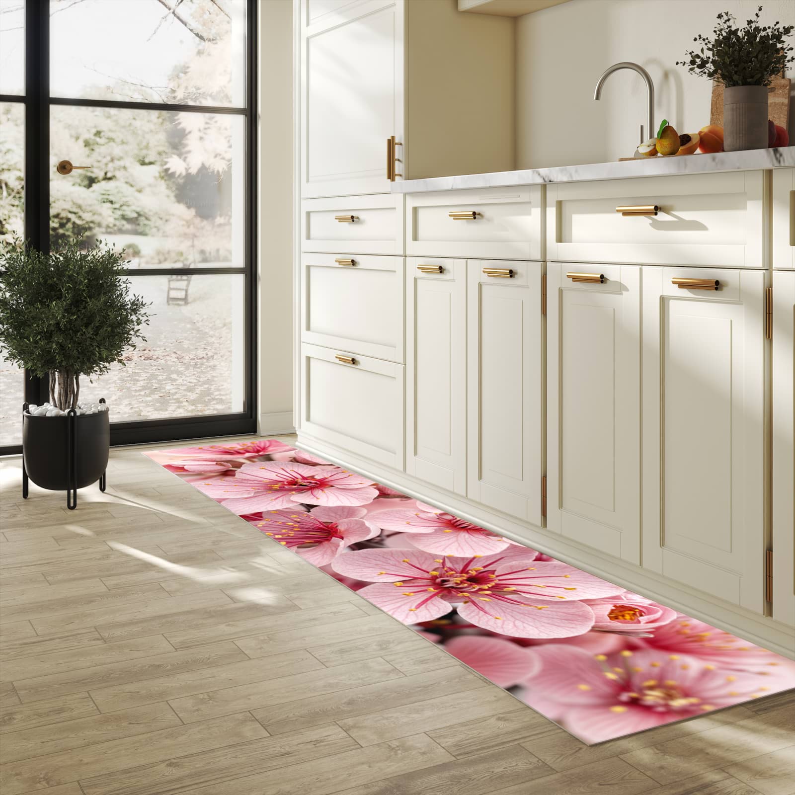 Komfortabler moderner Küchenläufer mit Motiv Kirschblütenzweig in heller Küche