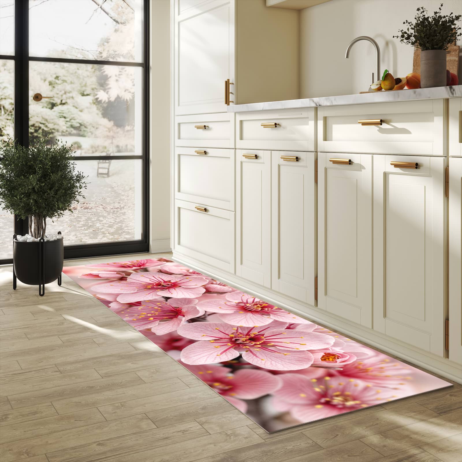 Hygienischer Küchenteppich mit Motiv Kirschblütenzweig in heller Küche