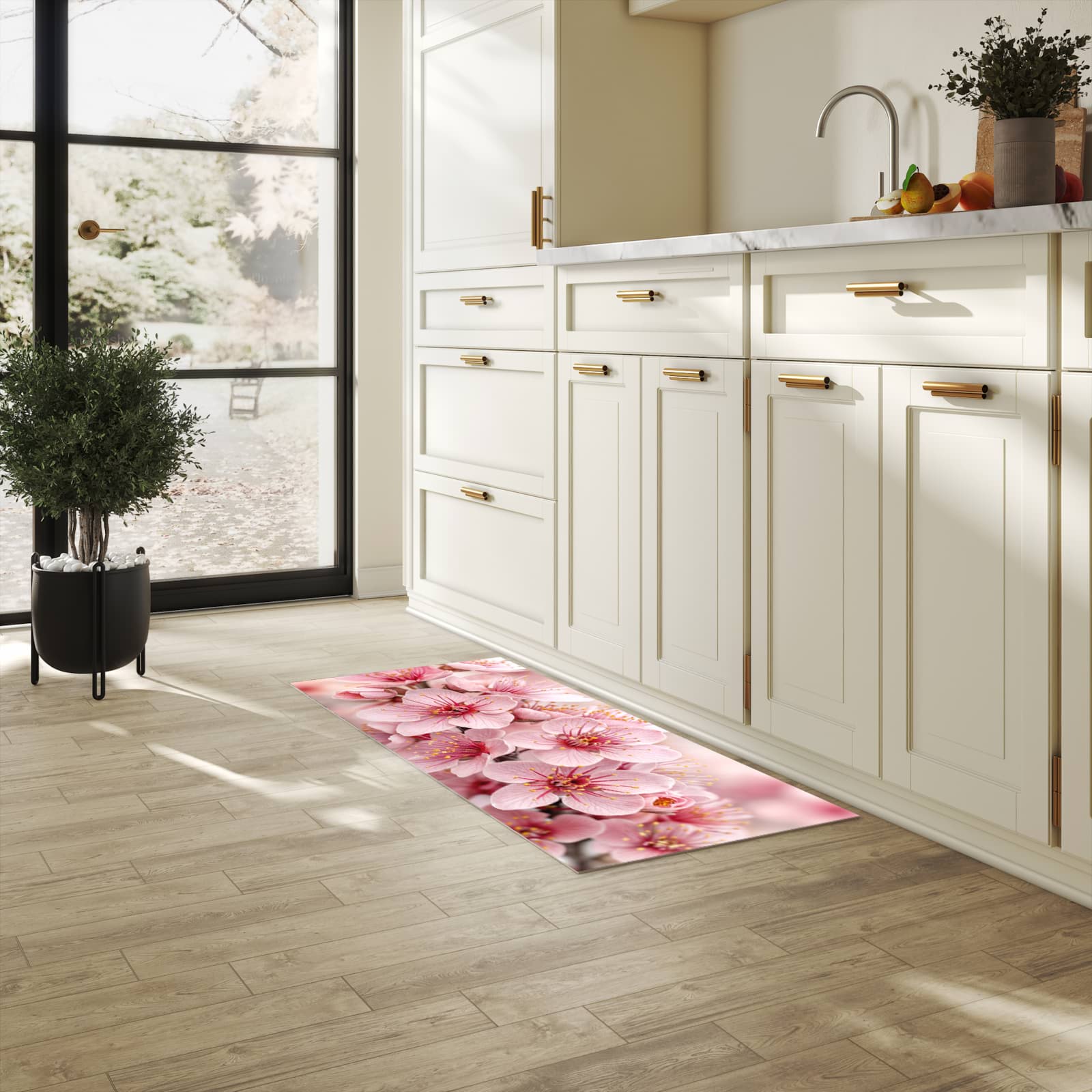 Geruchsneutraler rutschfester Küchenläufer mit Motiv Kirschblütenzweig in heller Küche