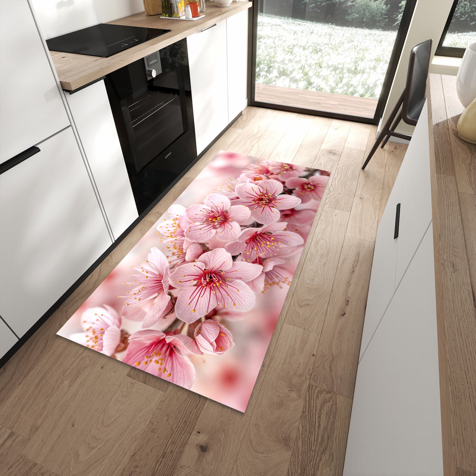 Komfortabler Küchenteppich mit Motiv Kirschblütenzweig in moderner Küche - abwaschbar