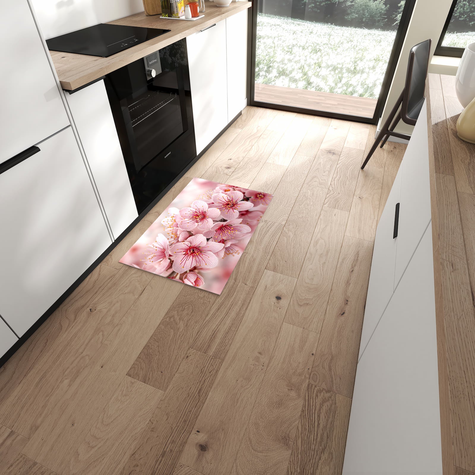 Sicherer Küchenläufer mit Motiv Kirschblütenzweig in moderner Küche