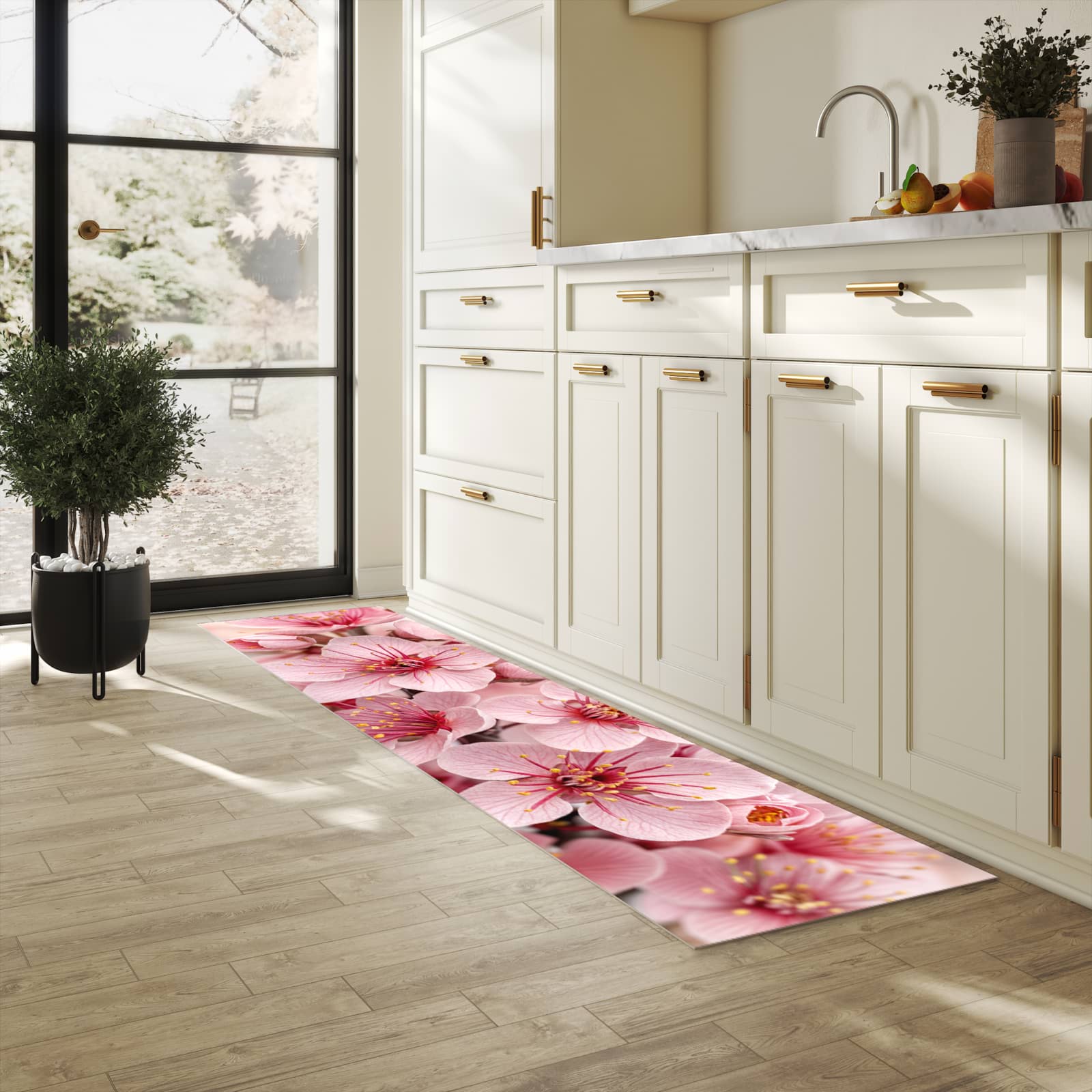 Pflegeleichter waschbarer Küchenläufer mit Motiv Kirschblütenzweig in heller Küche