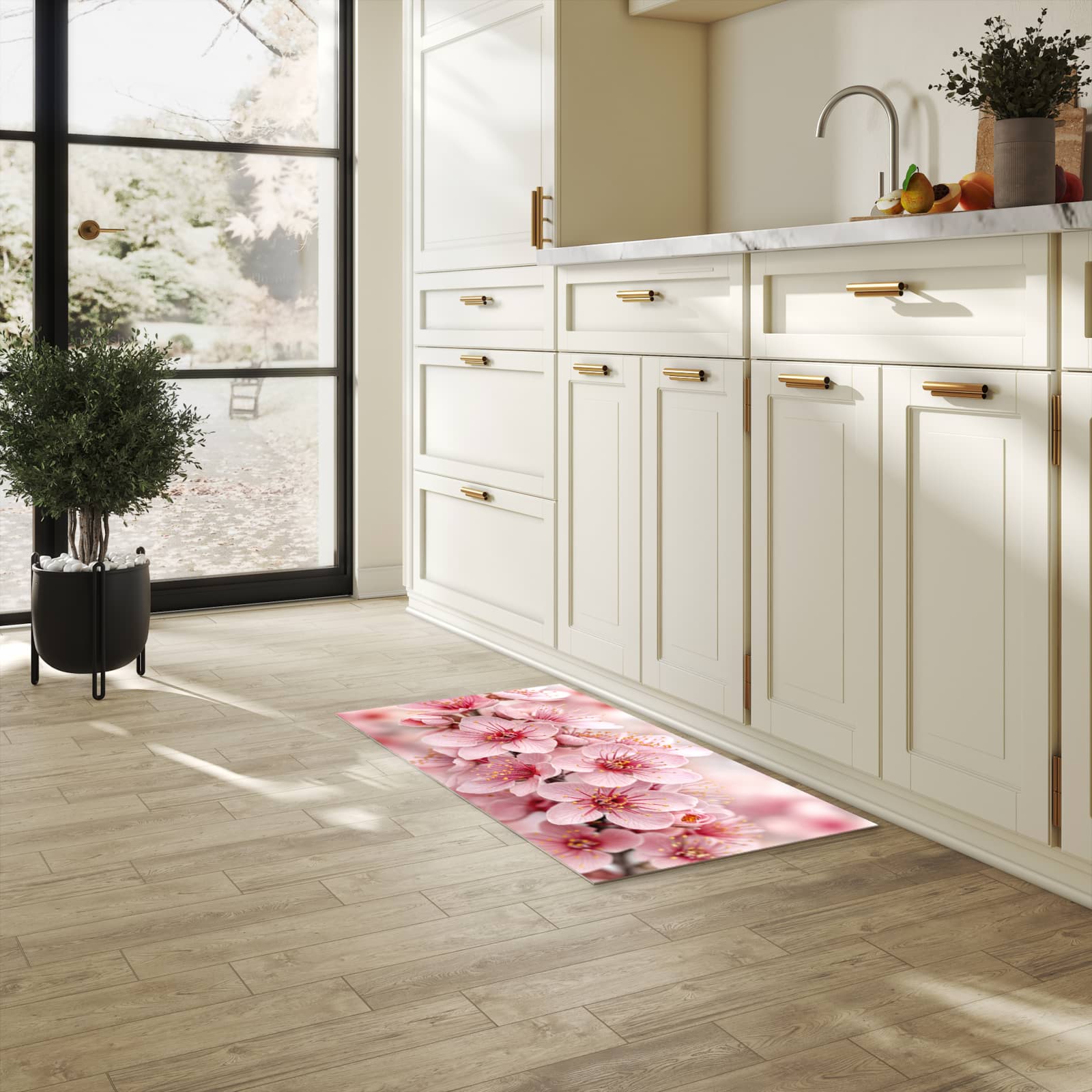 Schmutzabweisender Küchenläufer mit Motiv Kirschblütenzweig in heller Küche