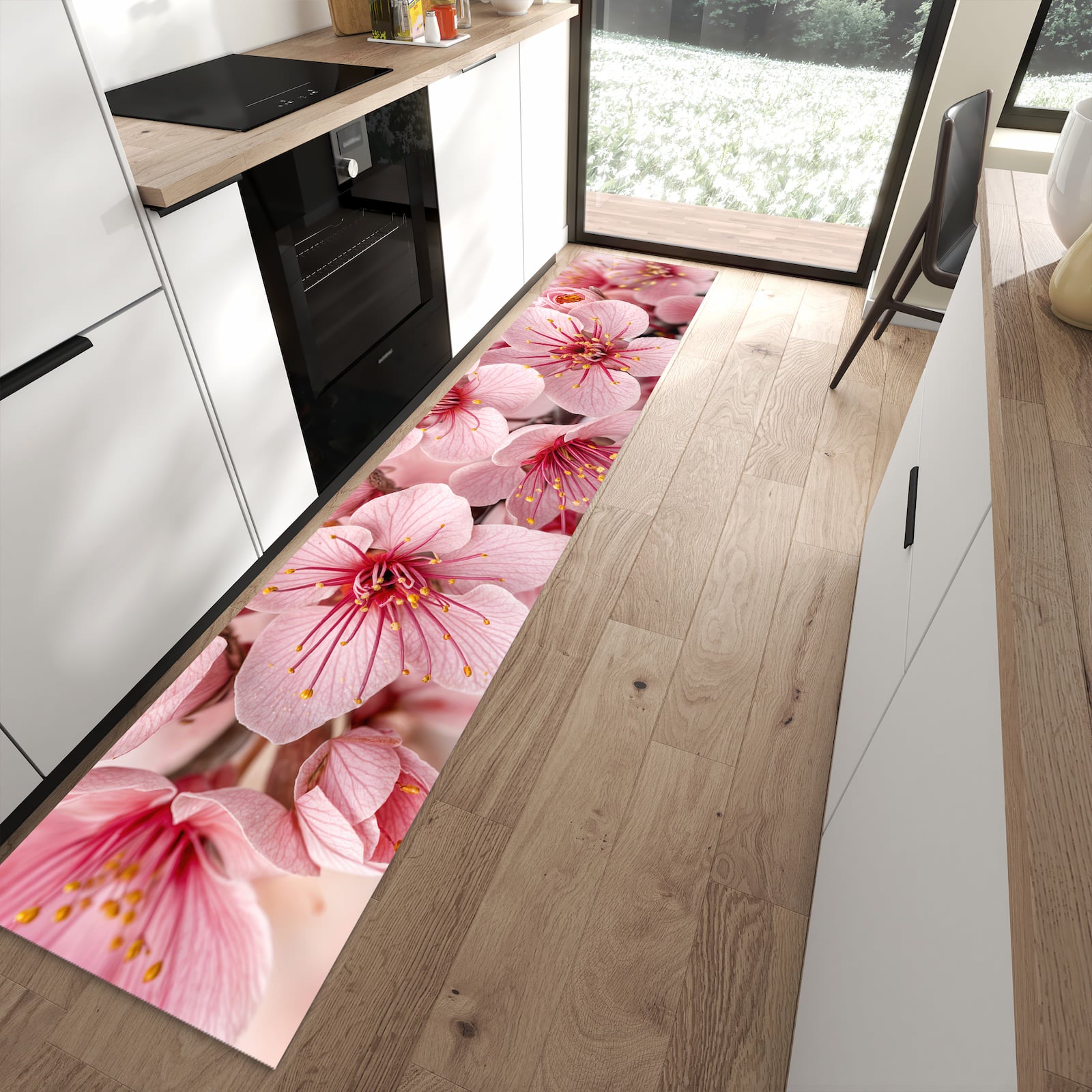 Formstabiler rutschfester Küchenläufer mit Motiv Kirschblütenzweig in moderner Küche