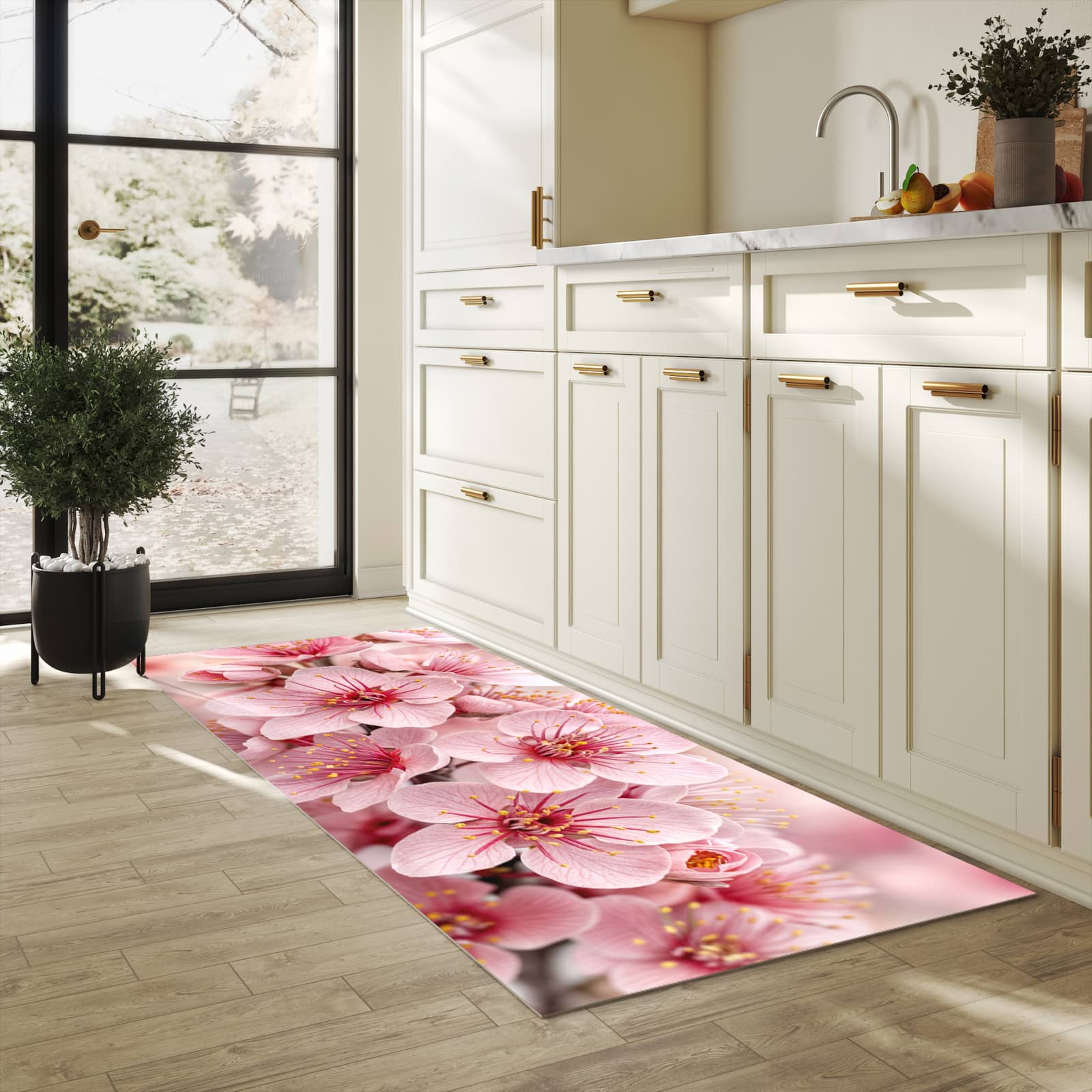 Langlebiger Teppich für die Küche mit Motiv Kirschblütenzweig in heller Küche