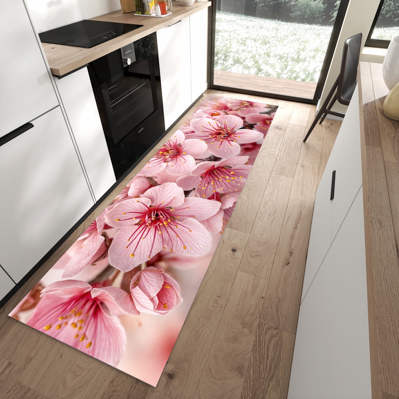 Abriebfester moderner Küchenläufer mit Motiv Kirschblütenzweig in moderner Küche