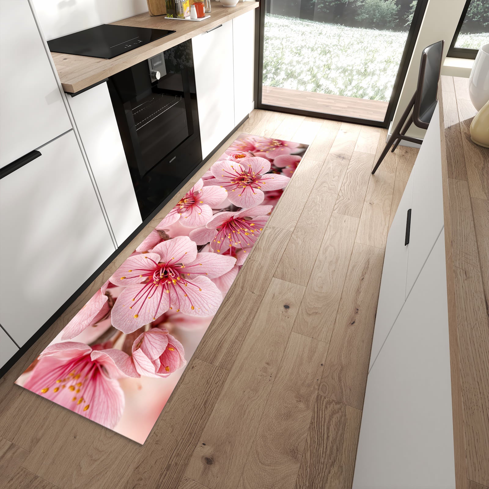 Bodenschonender rutschfester Küchenläufer mit Motiv Kirschblütenzweig in moderner Küche