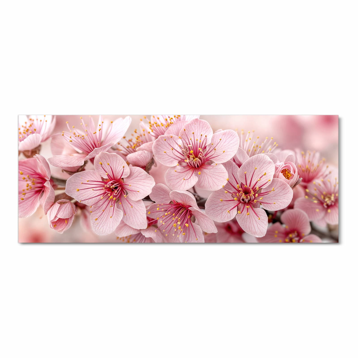 Nahaufnahme rosa-weißer Kirschblüten mit roten Staubgefäßen