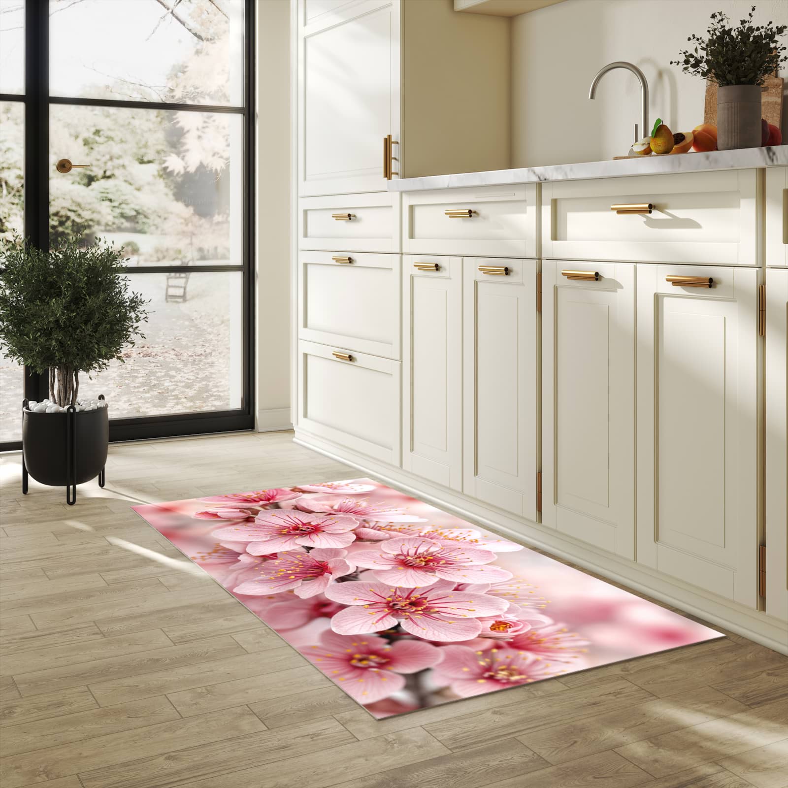Waschbarer Küchenteppich mit Motiv Kirschblütenzweig in heller Küche