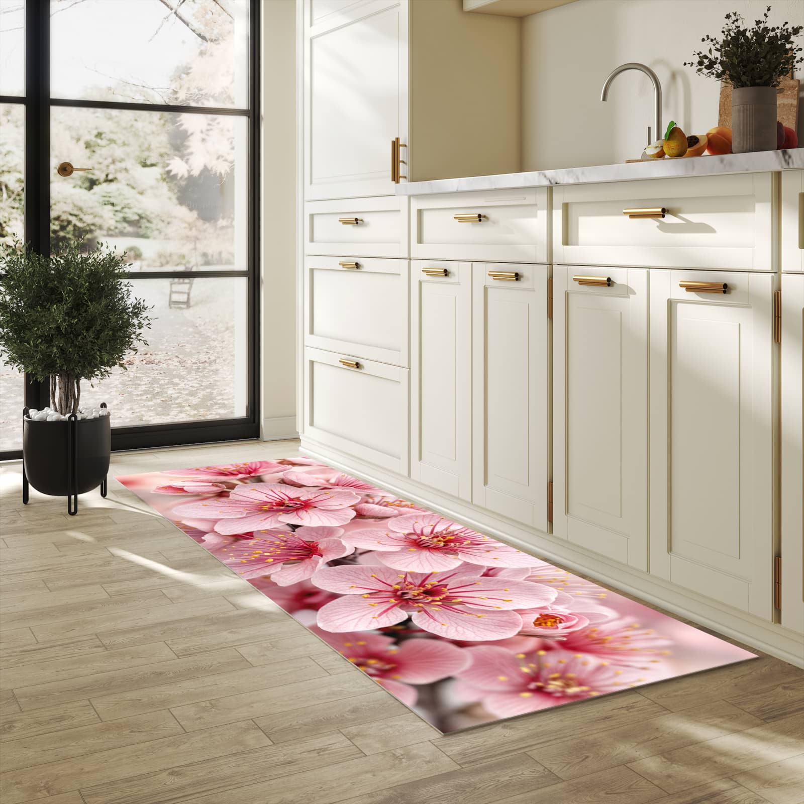 Komfortabler Küchenläufer mit Motiv Kirschblütenzweig in heller Küche