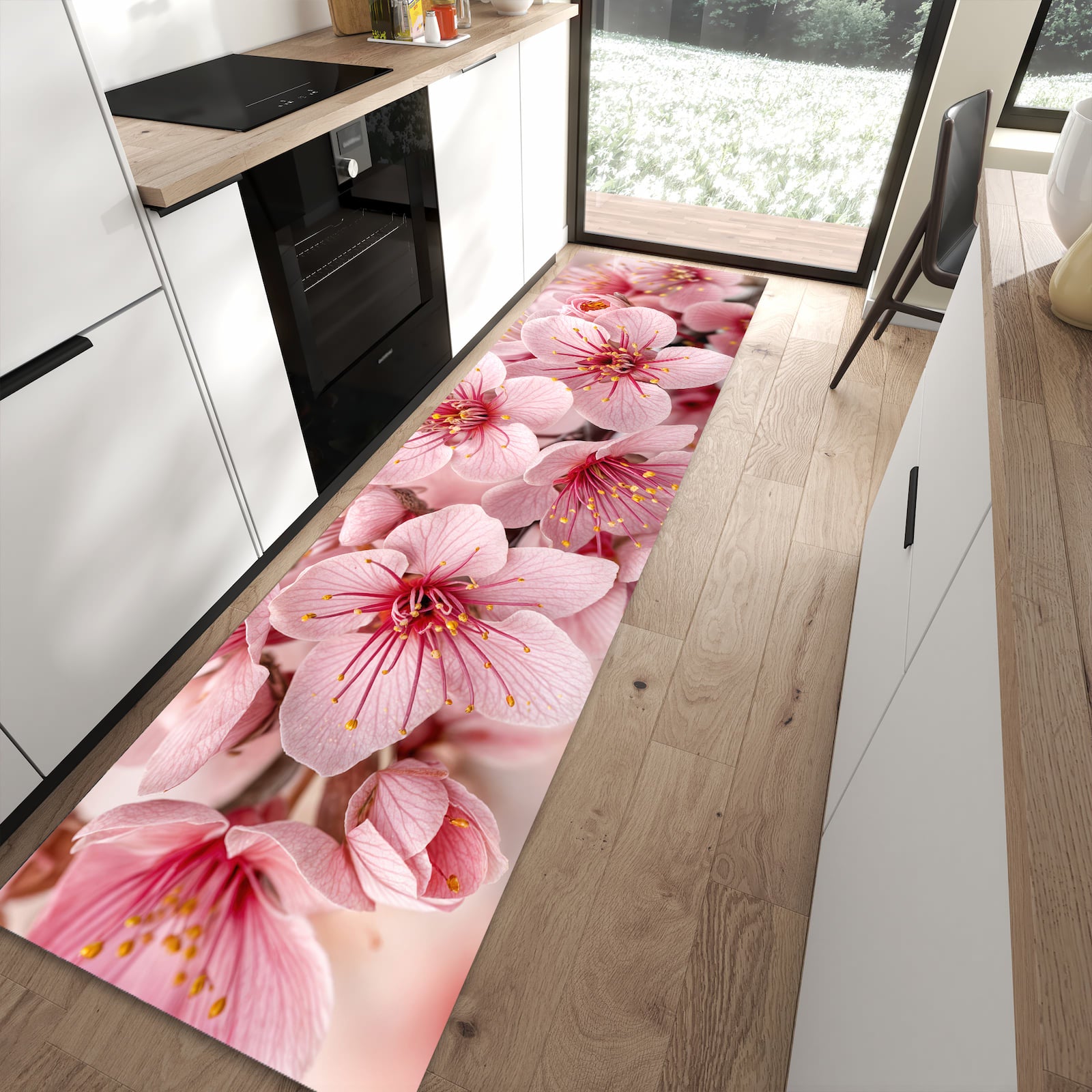 UV-beständiger abwaschbarer Küchenläufer mit Motiv Kirschblütenzweig in moderner Küche